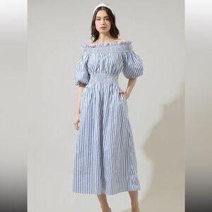 Striped Off-Shoulder Midi Dress in Light Blue and White